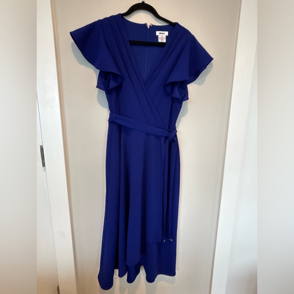 DKNY Cobalt Wrap Midi Dress with Flutter Sleeves 053